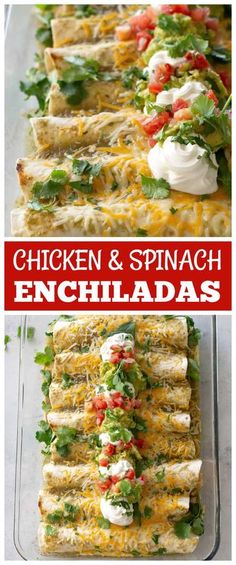 chicken and spinach enchiladas in a glass dish with text overlay