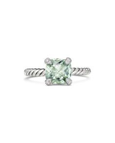 David Yurman Chatelaine Ring with Prasiolite and Diamonds Cushion Cut White Gold Ring With Gemstone Accents, Fine Jewelry White Gold Ring With Green Amethyst, White Gold Green Amethyst Ring, David Yurman Ring, Square Stone, Diamond Guide, Chatelaine, Rhodolite Garnet, David Yurman