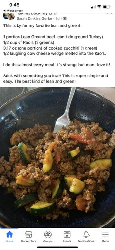 a bowl filled with meat and veggies on top of a wooden table next to an instagram post