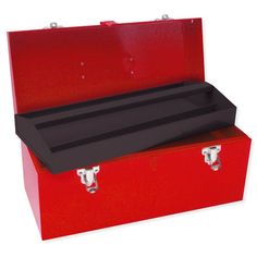 an open red tool box with black lid