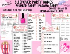 the sleepover party games for girls with pink and white designs, including a bottle of perfume