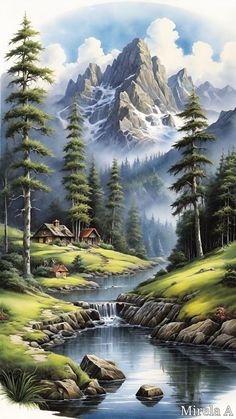 a painting of a mountain scene with a stream running through it