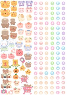 an assortment of teddy bear stickers in different colors and sizes, including one with the letter