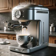 an espresso machine with steam coming out of it's cup on a kitchen counter