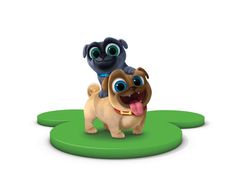 a cartoon dog with big blue eyes riding on the back of a small brown dog