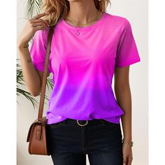 Season:Summer; Fabric:Polyester; Sleeve Length:Short Sleeve; Gender:Women's; Style:Stylish; Elasticity:Micro-elastic; Tops Type:T shirt Tee; Occasion:Daily,Holiday,Vacation; Top Length:Regular; Pattern:Ombre,Color Gradient; Neckline:Crew Neck; Listing Date:03/25/2024; Bust:null; Length:null; Sleeve:null; Fit US Size:null; Fit UK Size:null; Fit EU Size:null Trendy Gradient Color Tops For Spring, Fitted Purple T-shirt For Summer, Summer Purple Crew Neck T-shirt, Summer Cotton Gradient Tops, Summer Gradient Color Short Sleeve Top, Summer Gradient Cotton T-shirt, Tops Pattern, Hip Hop Trends, Red Gradient