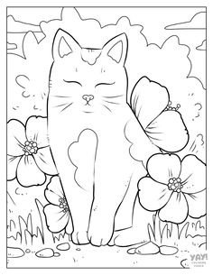 a coloring page with a cat in the grass and flowers on it's side