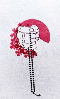 a drawing of a hand holding an umbrella with red flowers on the bottom and black beads around it