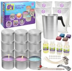 PRICES MAY VARY. Each iDIY candle making kit comes equipped with 4 lbs of soy wax, 4 color chips, 12 candle tins, 4 1oz fragrance oil scents, 1lb aluminum pouring pot, thermometer, 14 wicks, 3 metal wick clips, and 12 adhesive dots (55 piece complete set) Get creative - featuring 4 different colors, each color makes 3 candles Smell Heavenly - surround yourself with the wonderful scents of cinnamon, lavender, sea salt and linen, and french vanilla Great for gifts - create homemade candles for hol Candle Making Instructions, Diy Candle Making Kit, Diy Candle Making, Travel Tin Candles, Soya Mumu, Making Candles Diy, Spa Candle, Candle Kits, Candle Supplies