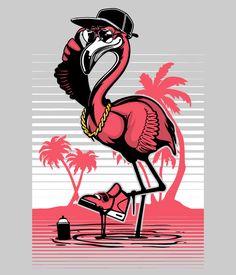 a flamingo wearing a hat and chain on it's neck with palm trees in the background