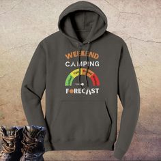 Weekend Camping Forecast Hoodie - Chilled, Tipsy, Buzzed, Wasted. Funny Camper / Caravan Gift for Him/Her.  Grab your own hoodie to measure your camp mates against on those cold nights sitting around the campfire having drinks and making memories. 🔥🍻 Would make a perfect gift for Father's Day, Valentine's Day, Anniversary, Birthday, Mother's Day or Christmas. This Hoodie is so warm and cozy you won't want to take it off. Give your head that extra warmth on those cold nights. Match with your fa Outdoor Hooded Sweatshirt With Letter Print, Hooded Top For Winter Hiking, Hooded Winter Tops For Hiking, Hooded Winter Hiking Tops, Fall Sweatshirt With Adjustable Hood For Outdoor Activities, Winter Adventure Hooded Hoodie, Sporty Hooded Hoodie For Adventure, Hooded Fleece Sweatshirt For Hiking, Hooded Sweatshirt With Kangaroo Pocket For Hiking