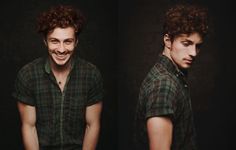 two pictures of a young man with curly hair and green plaid shirt smiling at the camera