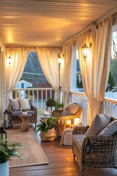 the porch is decorated with wicker furniture and white drapes on the windowsill