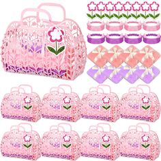 pink purses and other accessories are shown in this image, with flowers on them