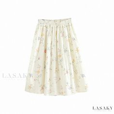 Lasaky - Cotton Linen Skirt with Elastic Waist and Floral Print Non-stretch Cotton Skirt With Floral Print, Casual Cream Floral Print Skirt, Casual Cream Skirt With Floral Print, Beige Floral Print Skirt, Casual Cream Midi Skirt, Spring Beige Skirt With Elastic Waistband, Beige Skirt With Elastic Waistband For Spring, Casual Beige Skirt For Daywear, Casual Floral Print Skirt For Daywear