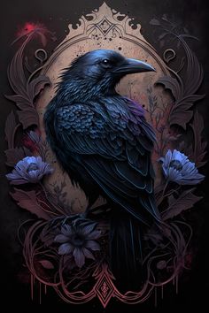 a black bird sitting on top of a purple flower covered ground with an ornate frame around it