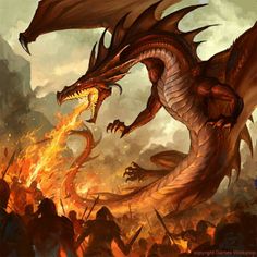 a red dragon with its mouth open in front of a fire filled sky and clouds