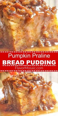 pumpkin pralie bread pudding on a white plate