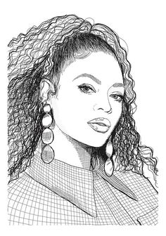 a black and white drawing of a woman's face with curly hair, wearing earrings