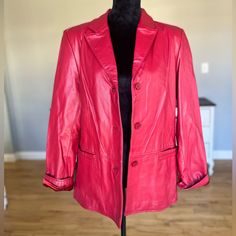 This Vintage Gerry Red Leather Jacket Looks Like It Was Never Worn. There Are No Signs Of Wear Throughout. 100% Genuine Leather. Ships Next Business Day Red Leather Jacket With Button Closure For Winter, Classic Red Leather Jacket With Button Closure, Red Leather Jacket With Button Closure For Fall, Fitted Red Leather Jacket With Button Closure, Red Leather Long Sleeve Blazer, Red Leather Blazer With Long Sleeves, Red Leather Jacket With Button Closure For Work, Vintage Red Leather Jacket For Spring, Fall Red Leather Blazer