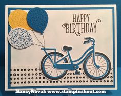 a birthday card with a bicycle and balloons