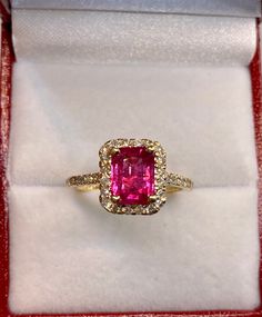 Beautiful 14k Yellow Gold Natural Emerald cut Ruby and Diamonds Ring 100%  Natural Ruby and natural Diamonds Beautiful genuine Ruby / treated-clarity enhanced Ruby:                                            2.31 CT Diamond(s)                                 0.55 CT Color:                                                    G Clarity:                                                SI1 Total ring weight:                        3.5 GR 14K Yellow Gold Ring sizing available Free of Charge For more in Luxury Oval Ruby Ring In Pink Gold, Yellow Gold Ruby Engagement Ring, Luxury Rectangular Yellow Gold Ruby Ring, Fine Jewelry Ruby Ring With Radiant Cut Center Stone, Radiant Cut Ruby Ring Fine Jewelry, Radiant Cut Ruby Ring In Fine Jewelry Style, Radiant Cut Ruby Ring With Center Stone, 14k Gold Halo Ring With Prong Setting, Dazzling Gia Certified Ruby Ring