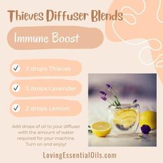 Immune Boost Diffuser Blend, Thieves Blends For Diffuser, Thieves Essential Oil Diffuser Blends, Immune Boosting Diffuser Blends, Thieves Diffuser Blends, Thieves Diffuser Blend, Immunity Recipes, Thieves Cleaning, Thieves Blend