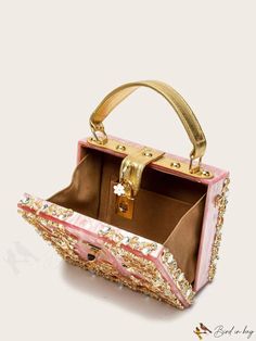 BirdinBag - Stunning Rhinestone Floral Box Bag: Ideal Bridal Purse for Weddings, Proms & Parties Pink Embellished Rectangular Evening Bag, Gold Evening Bag With Pearl Handle For Reception, Elegant Pink Bags For Receptions, Elegant Pink Bags For Reception, Rectangular Wedding Bags With Rhinestones, Pink Handheld Box Bag For Formal Occasions, Rectangular Embellished Evening Bag For Reception, Embellished Rectangular Evening Bag For Reception, Gold Rectangular Box Bag With Pearl Handle