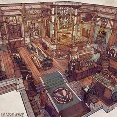 a drawing of a large room with lots of furniture