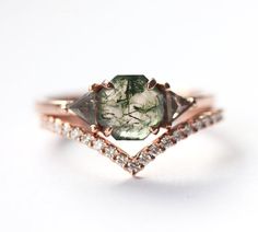 Salt Pepper Diamond, Pepper Diamond Ring, Moss Agate Engagement Ring, Triangle Diamond, Agate Engagement Ring, Future Engagement Rings, Moss Agate Ring, Buying An Engagement Ring, Alexandrite Ring