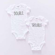 Double Trouble Twin Set - Sibling Photo Prop Bodysuits Baby Shower Gift Fitted White Short Sleeve Bodysuit With Letter Print, Cute White Bodysuit With Letter Print, White Fitted Short Sleeve Basic Bodysuit, Cute Fitted White Bodysuit, Cute White Fitted Bodysuit, Fitted White Bodysuit With Letter Print, White Letter-printed Short Sleeve Bodysuit, Basic White Cotton Onesie, Fitted White Cotton Bodysuit