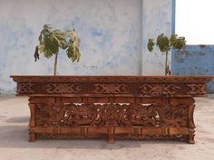 a wooden bench with two palm trees in the back and blue wall behind it,