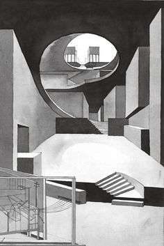 black and white drawing of an abstract building with stairs, windows, and staircases