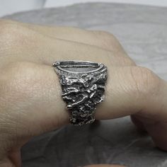 Brutalist Open Ring With Oxidized Finish, Brutalist Oxidized Open Ring Jewelry, Unique White Gold Open Ring, Unique Oxidized Open Engraved Ring, Silver Sterling Jewelry With Unique Texture, Sterling Silver Jewelry With Unique Texture, Brutalist Oxidized Open Ring, Brutalist Style Open Ring Jewelry, Unique White Gold Open Dome Ring