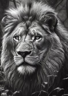 a black and white photo of a lion