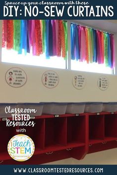 there are many colorful streamers hanging from the ceiling in this class room with text overlay that reads diy no sew curtains