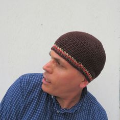 "I hand crocheted this 8\" long beanie with soft brown cotton and accented it with stripes of rust cotton and hemp yarn...this will fit (or stretch to fit) most average size heads (21\"- 23\" in circumference)- please contact me if you would like a custom size. 8\"= 20.32 centimeters long 21\"- 23\"= 53.34- 58.42 centimeters in circumference this hat was made with care, attention to detail and nice quality cotton yarn which will keep you warm but also breathes and is very comfortable- your beani Handmade Fitted Brown Hat, Brown Cotton Beanie Hat, Bohemian Brown Knitted Beanie, Bohemian Brown Beanie, Bohemian Brown Yarn Beanie, Handmade Brown Casual Beanie, Handmade Casual Brown Beanie, Brown Bohemian Crochet Hat, Bohemian Brown Crochet Hat