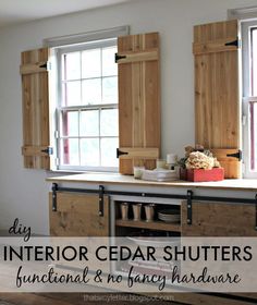 the interior cedar shutters are functional and no - fancy hardware on this kitchen counter