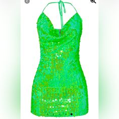 Fluorescent Green Sequins Dress Neon Green Hoco Dress, Green Halter Neck Mini Dress For Night Out, Green Club Mini Dress For Party Season, Green Mini Dress For Club And Party Season, Green Mini Dress For Summer Party, Green Mini Dress For Date Night Party Season, Green Sequined Mini Dress For Cocktail, Cocktail Green Mini Dress With Sequins, Green Sequin Mini Dress For Night Out