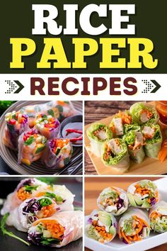 the cover of rice paper recipes is shown with pictures of different types of food on it