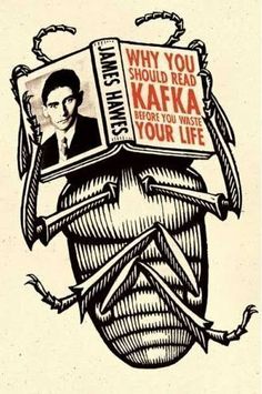 an image of a bug with a book on it's head and the caption why you should read kafka before you waste your life