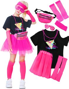 PRICES MAY VARY. Tutu skirt is a bit too big, please buy one size smaller [Nine-piece set includes]--1* 80S T-shirt, 1* 80S tutu, 2* fingerless fishing net gloves, 2* leg warmers, 1* necklace, 1* blinds glasses, 1* headband. Meet your needs for 80s clothing accessories. [Child-friendly material]--The T-shirt is made of soft polyester-cotton fabric, and the ballet skirt is made of nylon yarn fabric, which has high elasticity, softness and comfort. The rose-red gloves, headband and leg warmers com Net Gloves, Air Hose Reel, 1980s Party, 80s Clothing, 80s Costume, The Ballet, Fishing Net, Accessories Set, Fancy Outfits