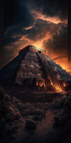 an artistic painting of a pyramid in the desert at night with fire coming from it