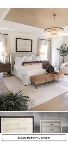 a bed room with a neatly made bed and a chandelier hanging from the ceiling