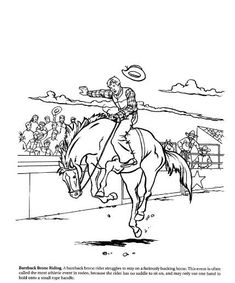 a coloring page with a cowboy riding a horse and people watching from the sidelines