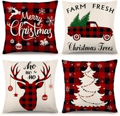 four pillows with christmas designs on them, one is red and the other is white