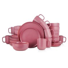 pink dinnerware set with matching cups and saucers on white background, front view