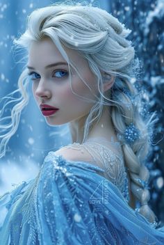 a woman dressed in blue is standing in the snow with her long hair pulled back