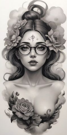 a drawing of a woman with glasses and flowers on her head, in black and white