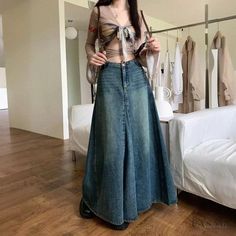 Lasaky - Genuine Vintage High-Waisted Denim Midi Skirt with Distressed Finish and Flared Hemline Midi Jean Skirt Outfits, Skirt Jeans Outfit, Long Jean Skirt Outfits, Long Jeans Skirt, Maxi Jean Skirt, Midi Jean Skirt, Skirt Outfits Aesthetic, Flared Denim Skirt, Jean Skirt Outfits